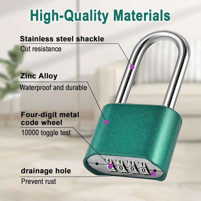 Faburo 2pcs Combination Lock, 4-Digit Heavy Duty Combo Lock, Combination Padlock Outdoor Waterproof Gate Locks for Outdoor Fence, Locker, Sheds, Gym, Gate Hasps (2pcs, Long Shackle, Green) - Image 3
